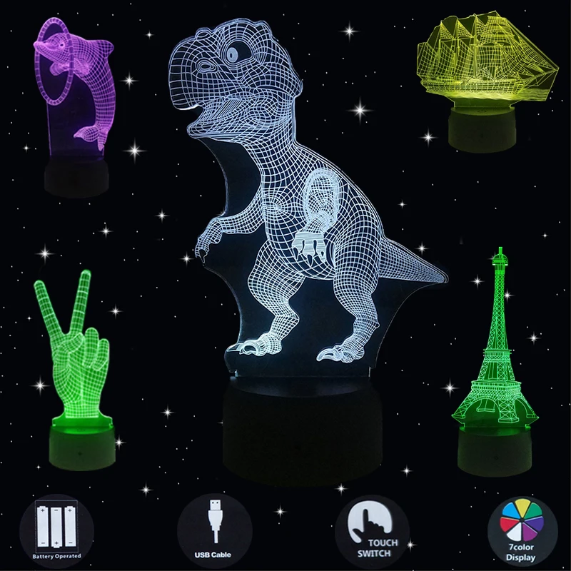 3D Illusion Led Lamp Dinosaur Football Eiffel 7 Color Decoration Night Light Touch Sleeping Nightlight Table Boys Gifts | Лампы и