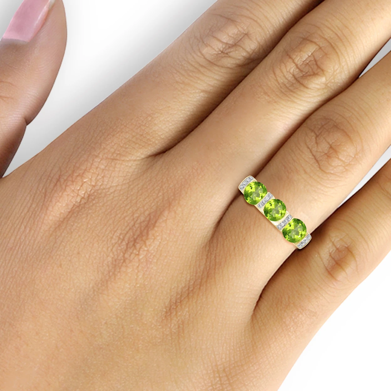JewelonFire 2 1/4 Carat T.G.W. Peridot and White Dimond Accent 14kt Gold Over Silver 3-Stone Ring (2)