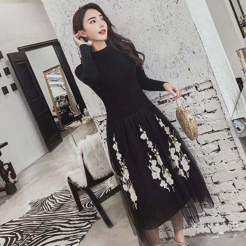 2018 autumn winter Midi Dress O-Neck Sweater Dress Knitted Embroidery Mesh Patchwork Casual A Line Long Sleeve Sweater Dress
2018 autumn winter Midi Dress O-Neck Sweater Dress Knitted Embroidery Mesh Patchwork Casual A Line Long Sleeve Sweater Dress