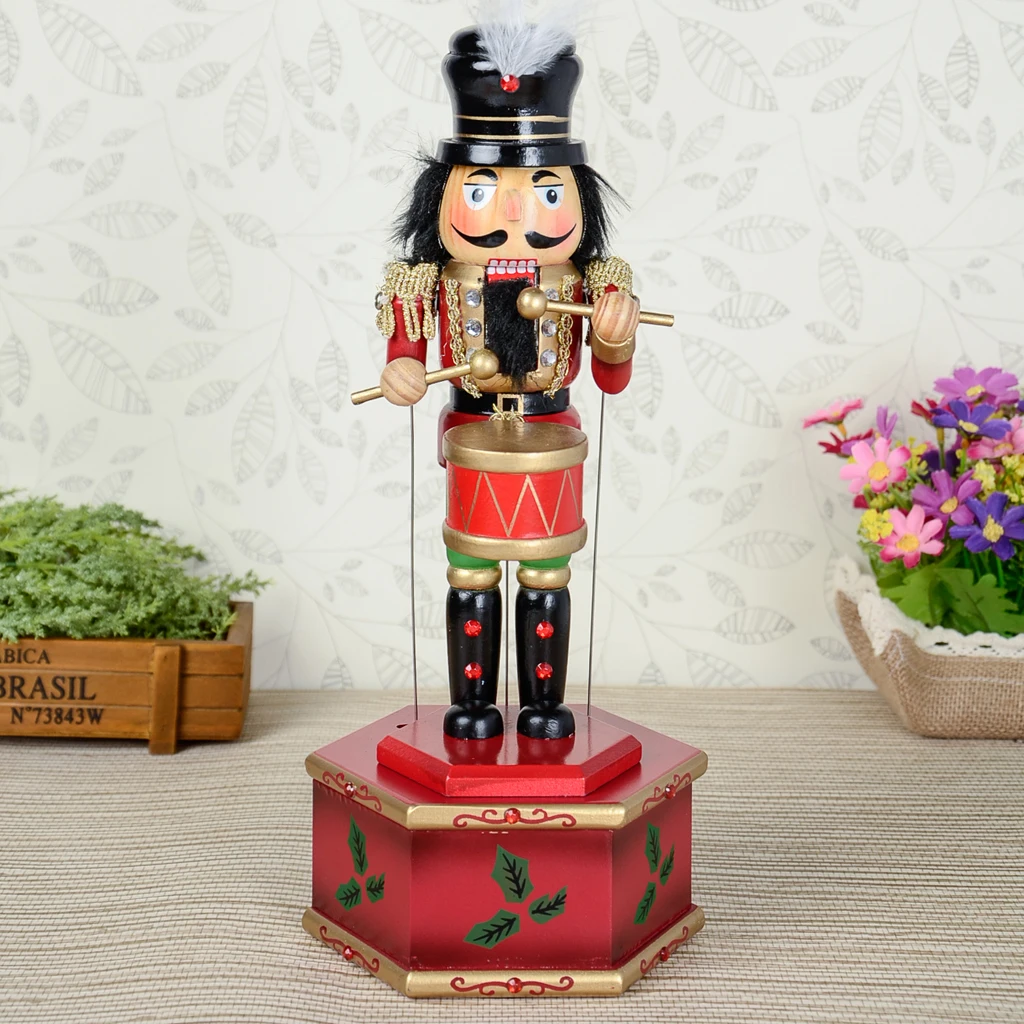 Handmade Wooden Nutcracker with Scepter On with Music Box w/ Clockwork Home Ornament Christmas Decor Display Collectibles Gifts