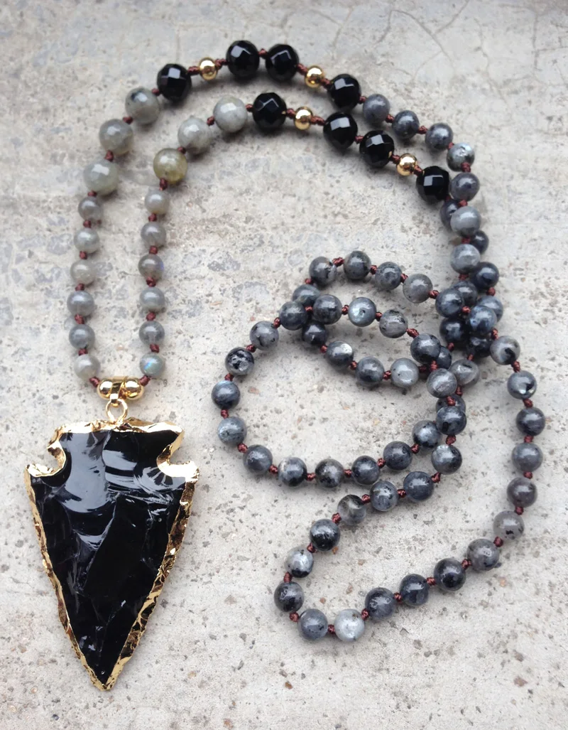 YA2387 Stone Black Obisdian Arrow Pendant Labradorite Agat Beads Knot Handmade Necklace 30-32inch long
YA2387 Stone Black Obisdian Arrow Pendant Labradorite Agat Beads Knot Handmade Necklace 30-32inch long