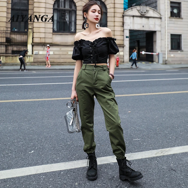 Hot 2018 Casual Joggers Black Green Women Cargo Pants Elastic High Waist Loose Female Trousers Korean Chic Ladies Harem Pants
Hot 2018 Casual Joggers Black Green Women Cargo Pants Elastic High Waist Loose Female Trousers Korean Chic Ladies Harem Pants