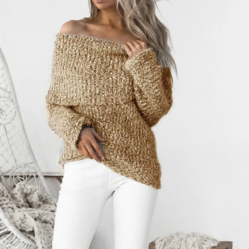 Image Draped Fuzzy Slouchy Women Sweater Cowl Neck Off Shoulder Knitted Pullover Sweaters 2017 Autumn Winter Femmes Sexy Jumper GV939