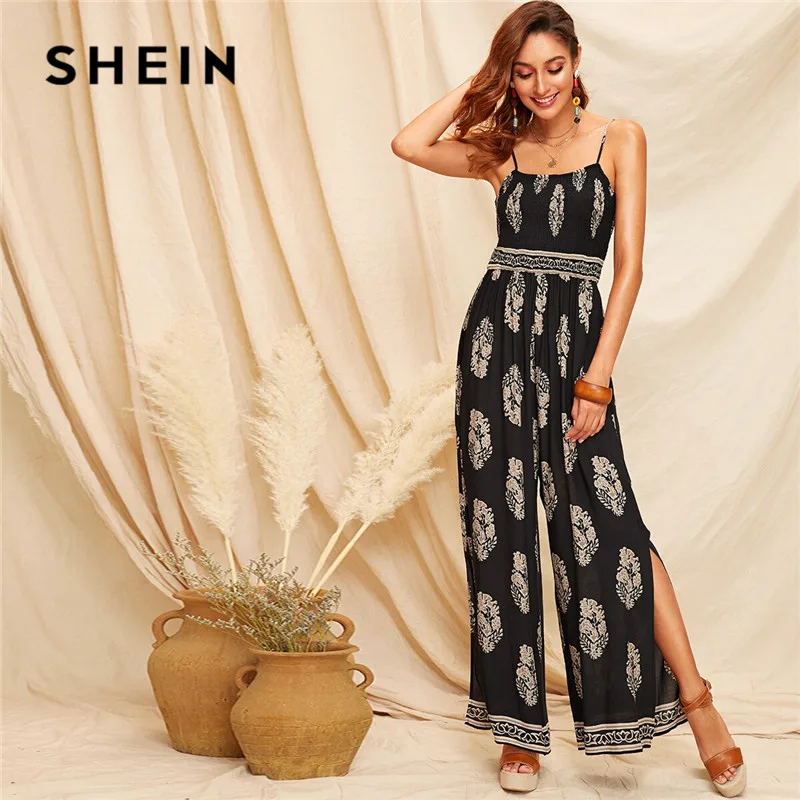 

SHEIN Black Tribal Print Shirred Bodice Split Side Cami Summer Jumpsuit Women Boho Sleeveless Spaghetti Strap Sexy Jumpsuit