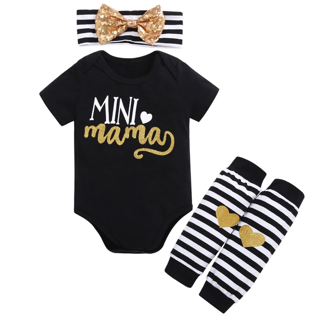 3PCS Newborn Infant Kids Baby Girls Romper Sets Letter Printed Jumpsuit +Leg Warmer+Headband Clothes Outfit Set | Детская одежда и