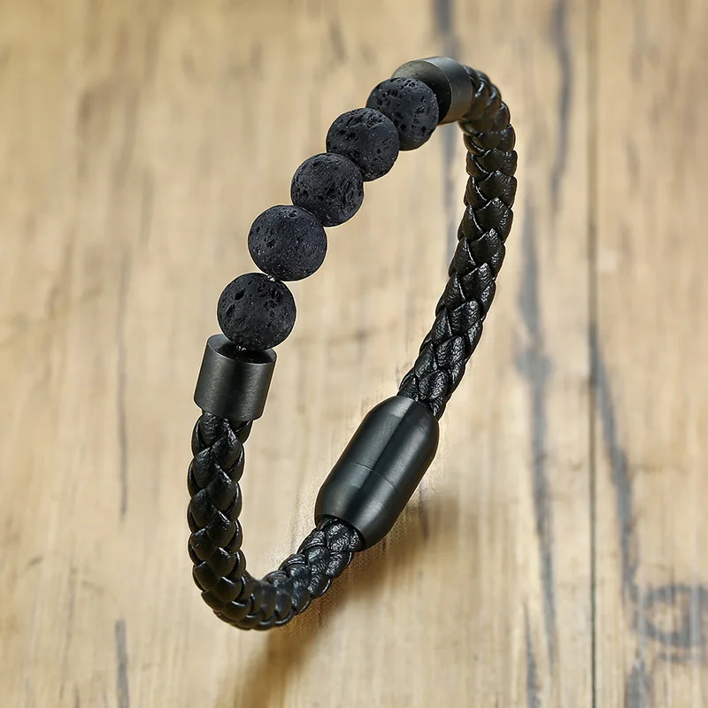 Фото Мужской кожаный браслет из черной косы с 5 бусинами вулкана лавы умный магнитной