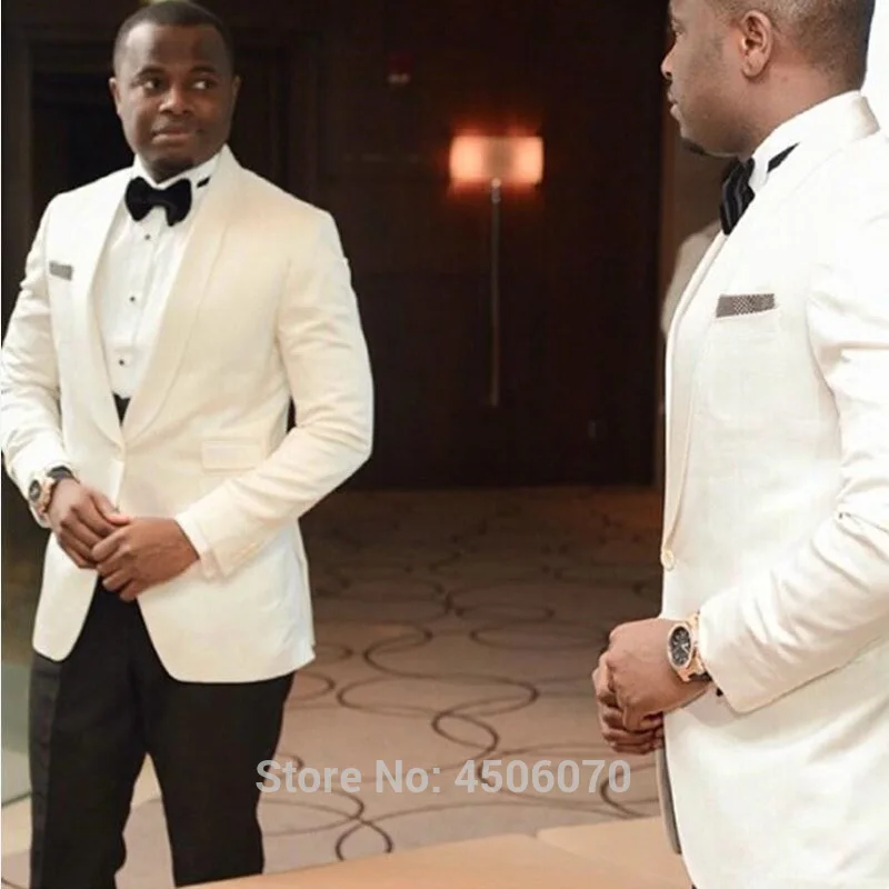 

Ivory Slim Fit Men Suits 2019 Shawl Lapel Wedding Tuxedos Groom Wear Bridegroom Prom Suits Groomsman Blazer 2Pcs Costume Homme