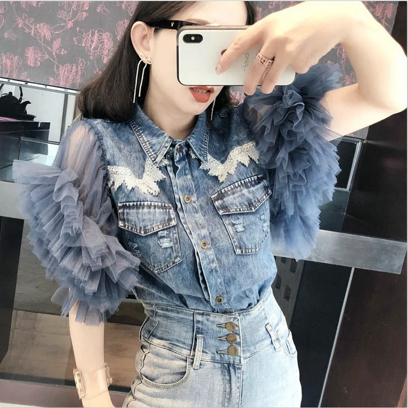 Summer Women Shirts 2019 Fashion Streetwear Denim Short Tops Slim Women Blue Mesh Splice Denim Shirts
Summer Women Shirts 2019 Fashion Streetwear Denim Short Tops Slim Women Blue Mesh Splice Denim Shirts