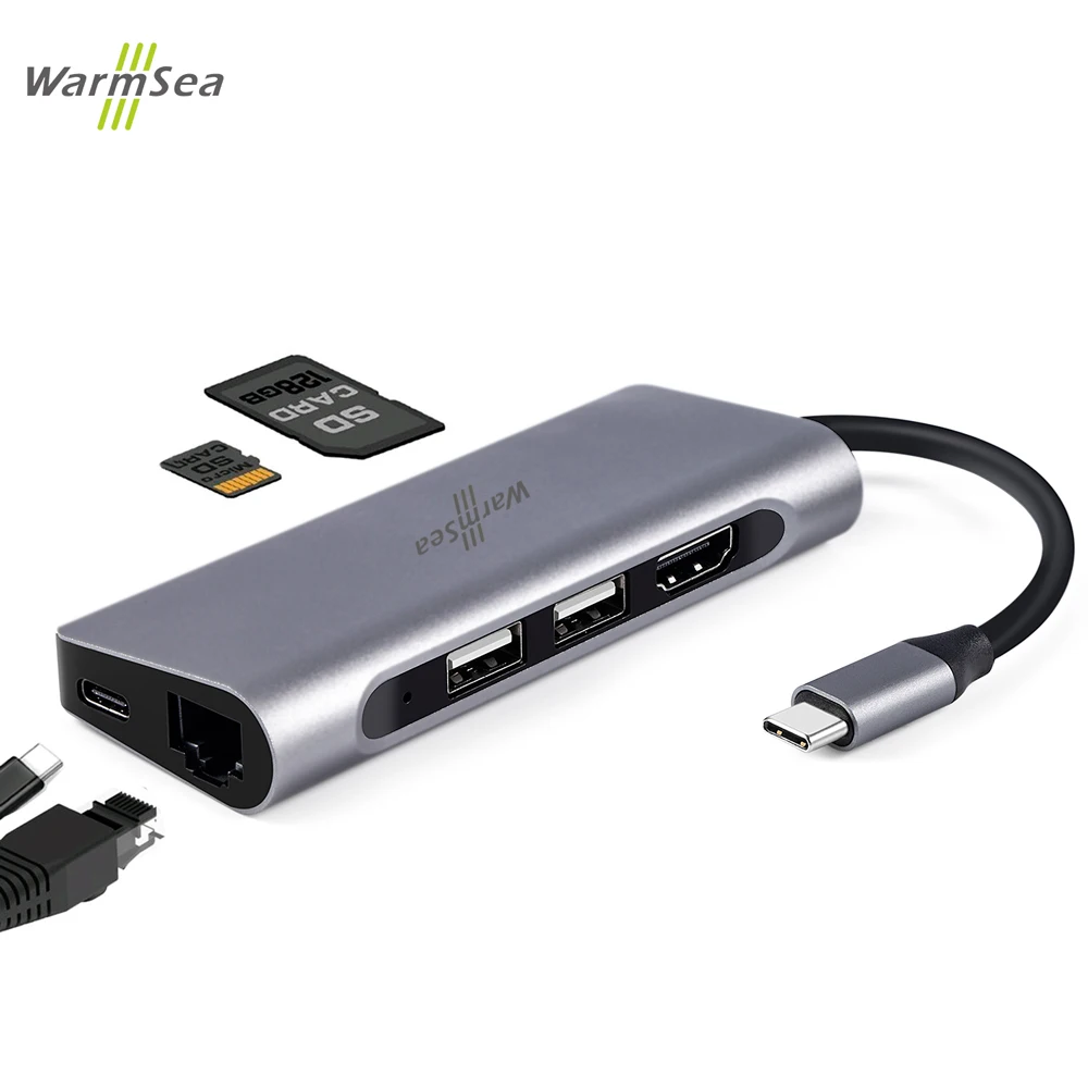 Фото Тип usb C концентратор с HDMI 4 К RJ45 PD Thunderbolt 3 адаптер 2 USB 0 Мощность доставки SD Card Reader