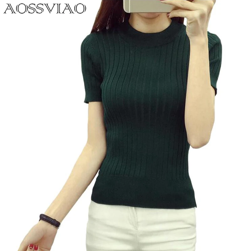 Image Women Fashion Sweater 2016 High Elastic Winter Green Red Black Tops Women Knitted Pullovers Short Sleeve Shirt Female Clothes