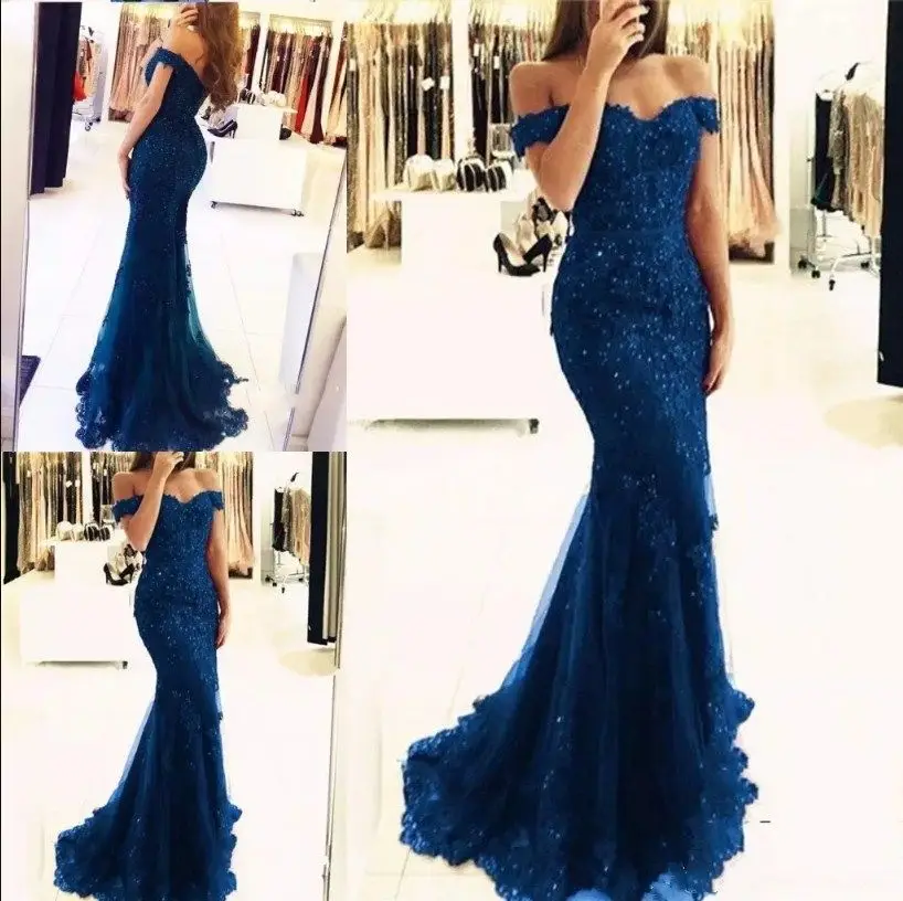 53-1 Evening Dress Blue Mermaid Beading Off Shoulder Floor Lace Appliques Custom Made