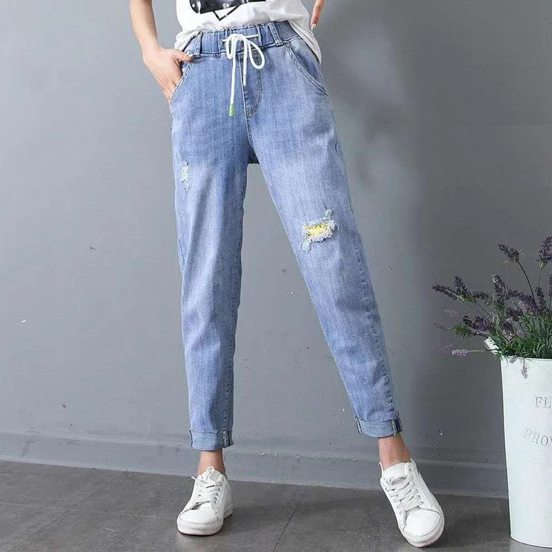 Spring Autumn ripped jeans pants woman high waist elastic holes female mom jean women Lace Up dress long blue trousers AVBXCV
Spring Autumn ripped jeans pants woman high waist elastic holes female mom jean women Lace Up dress long blue trousers AVBXCV