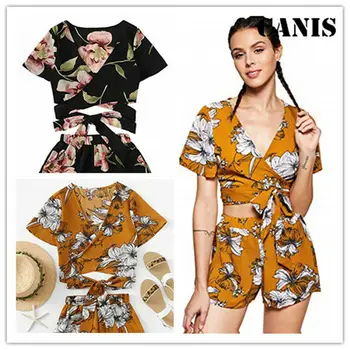 Casual Women V Neck Short Sleeve Floral Print Short Pants Set Summer Bandage Split Sets
Casual Women V Neck Short Sleeve Floral Print Short Pants Set Summer Bandage Split Sets