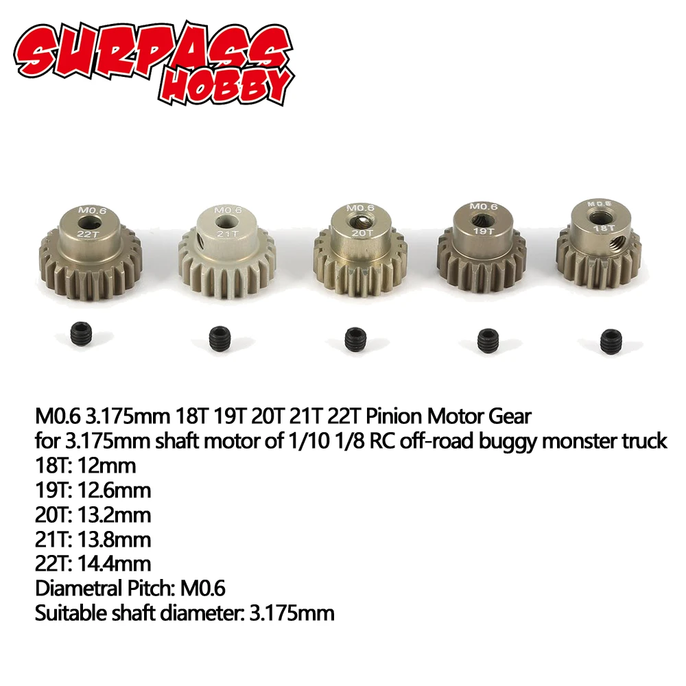 SURPASS HOBBY M0.6 5Pcs 3.175mm 13T 14T 15T 16T 17T 18T 19T 20T 21T 22T Metal Pinion Motor Gear Combo Set for RC 1/8 1/10 Car
SURPASS HOBBY M0.6 5Pcs 3.175mm 13T 14T 15T 16T 17T 18T 19T 20T 21T 22T Metal Pinion Motor Gear Combo Set for RC 1/8 1/10 Car