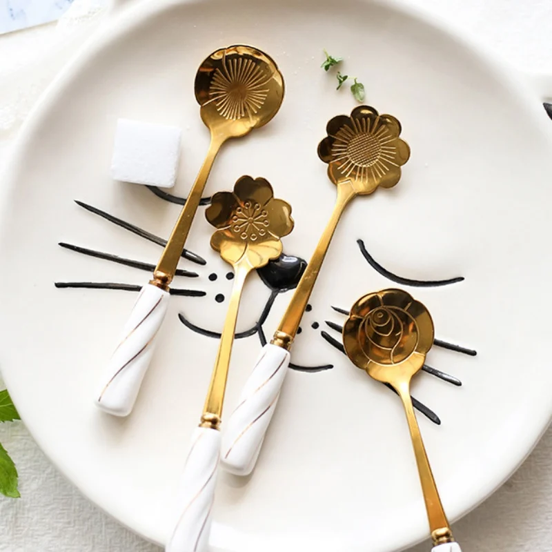 Gold-plated Ceramic Handle Spoons Cherry Blossom Rose Flower Spoon Milk Tea Dessert Coffee Stirring Scoops
Gold-plated Ceramic Handle Spoons Cherry Blossom Rose Flower Spoon Milk Tea Dessert Coffee Stirring Scoops
