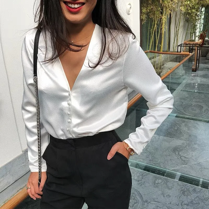 New Office Lady's Blouses Solid Black White 2019 Designer Women Basic Slim Blouse V-neck Buttons Causal Wear Shirt Female Tops | Блузки
