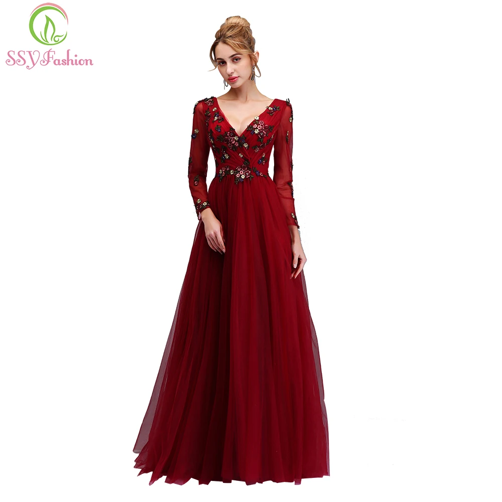 SSYFashion New Evening Dress The Bride Banquet Sexy V-neck Long Sleeved Appliques Burgundy Floor-length Party Formal Gown
SSYFashion New Evening Dress The Bride Banquet Sexy V-neck Long Sleeved Appliques Burgundy Floor-length Party Formal Gown