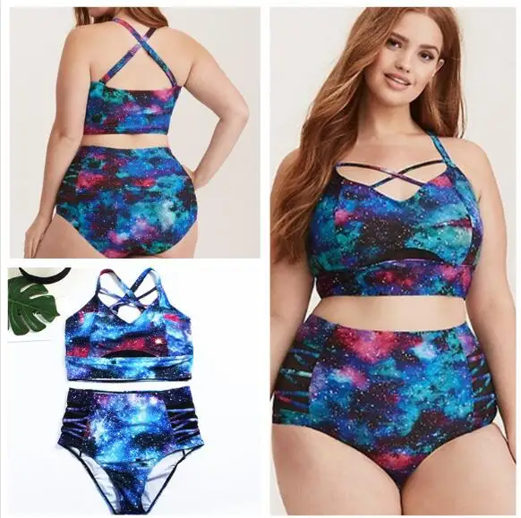 

Plus Size Tankini Women High Waist Starry Galaxy Swimwear Strappy Neck Detail Two Piece Swimsuit Bath Suit Larger Size 4XL