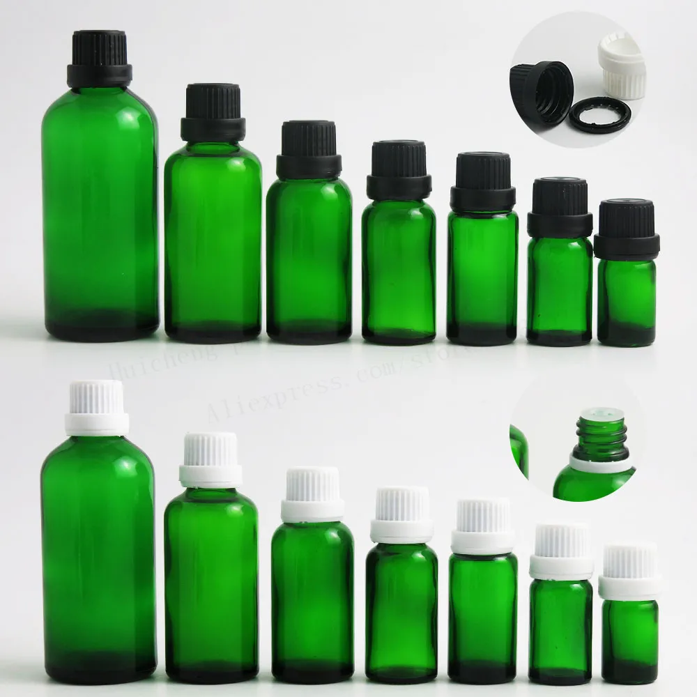 

200 x Empty green glass bottles with White Black tamper evident cap reducer dropper 5ml 10ml 15ml 20ml 30ml 50ml 100ml