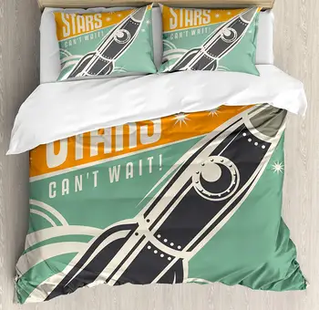 Duvet Cover Set, Stars Can't Wait Retro Advertisement with Rocket Figure Launch Your Business Image, 4 Piece Bedding Set 
Duvet Cover Set, Stars Can't Wait Retro Advertisement with Rocket Figure Launch Your Business Image, 4 Piece Bedding Set