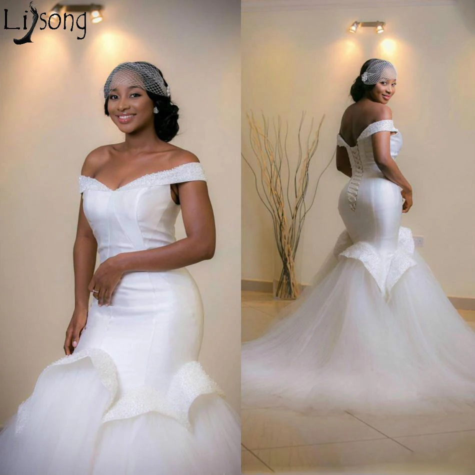 Elegant Off Shoulder Mermaid Wedding Dresses 2019 Ruffles Beading Arab Bride Dress Sweep Train Lace Up Gowns Plus Size | Свадьбы и