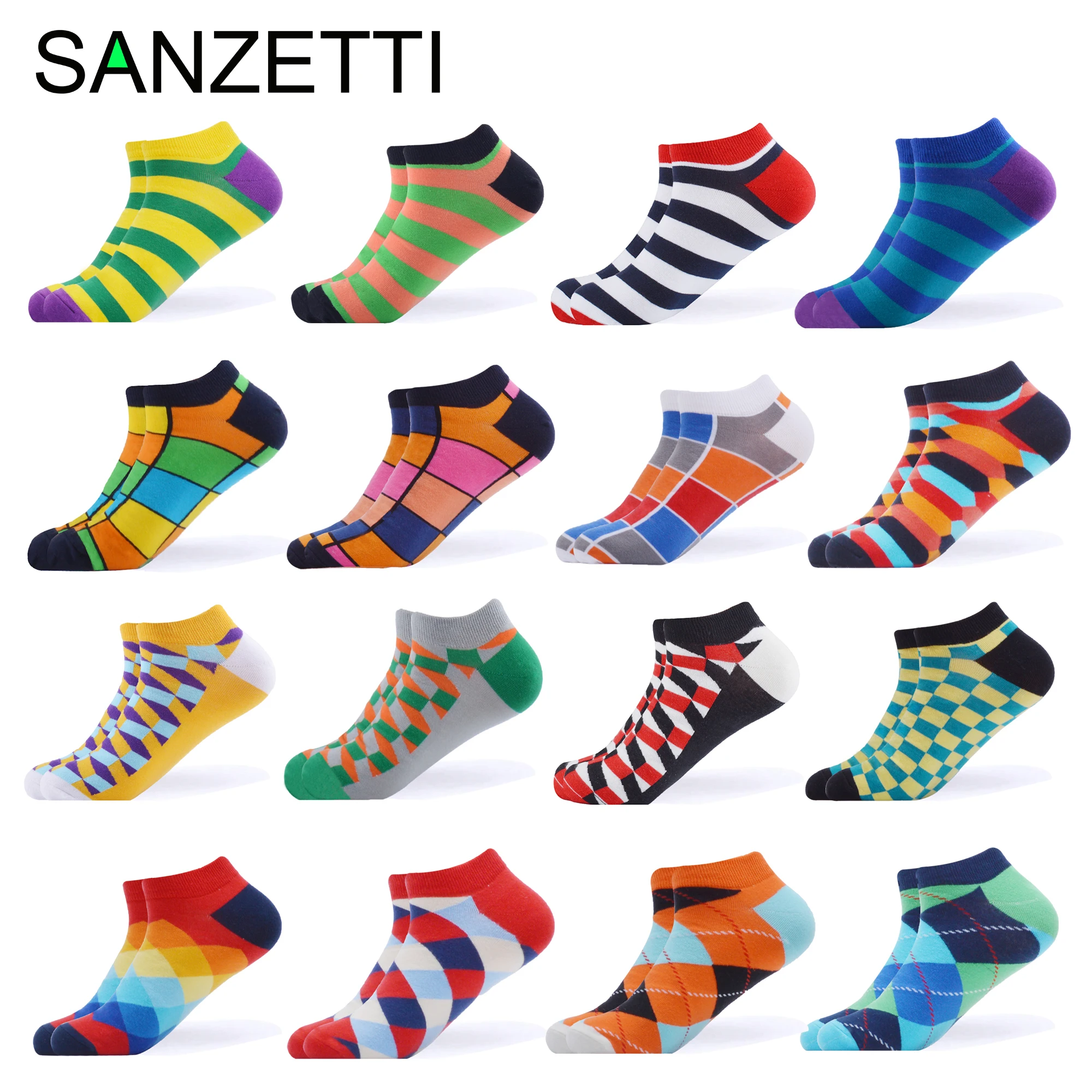 

SANZETTI 16 Pairs/Lot Casual Novelty Men Colorful Summer Combed Cotton Ankle Socks Plaid Striped Geometric Cool Dress Boat Socks