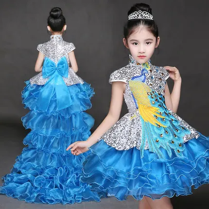 freeship childrens girl blue/red peacock detachable trailing dance dress/party/event stage performance tutu dress | Тематическая