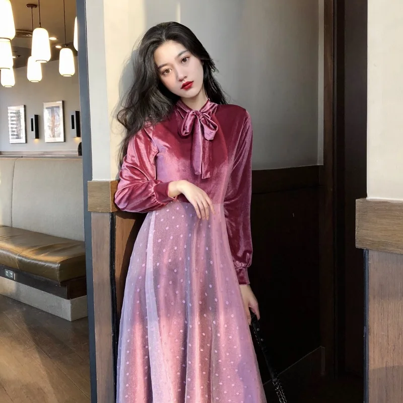 

Korea with bowknot is very fairy French small velvet dress women cultivate morality splicing wave point net veil