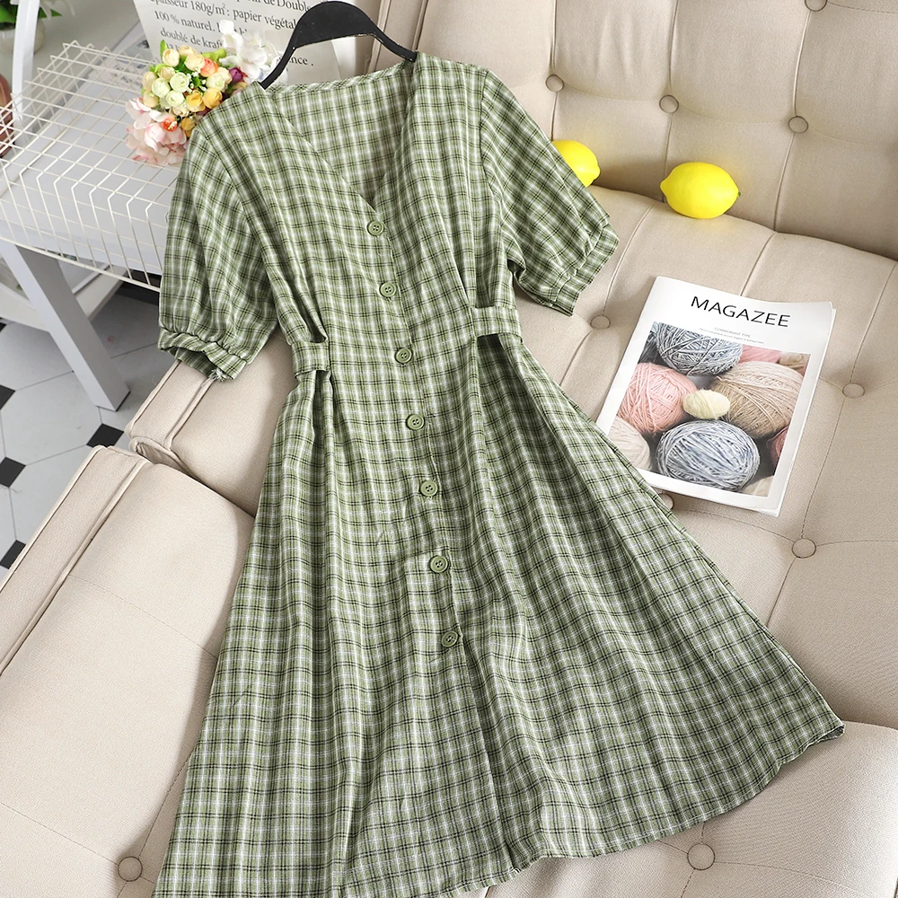 SINGRAIN Women Cotton Linen Plaid Dress Summer Bohemian Beach Buttons Sundress V Neck Vintage Korean Short Sleeves Print Dress
SINGRAIN Women Cotton Linen Plaid Dress Summer Bohemian Beach Buttons Sundress V Neck Vintage Korean Short Sleeves Print Dress