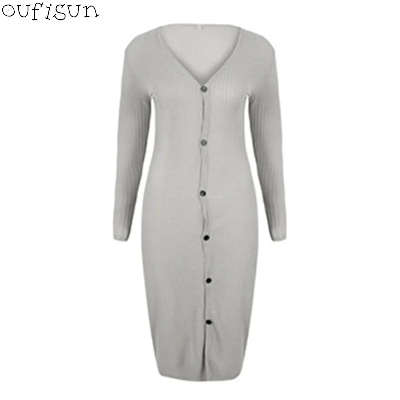 Oufisun Autumn Winter Sexy Solid Deep V-neck Women Dress 2018 New Casual Long Sleeve Knitting Dresses Slim Button Mid Calf Dress
Oufisun Autumn Winter Sexy Solid Deep V-neck Women Dress 2018 New Casual Long Sleeve Knitting Dresses Slim Button Mid Calf Dress