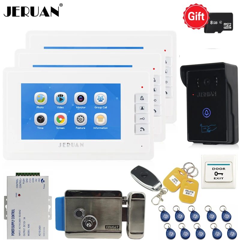 

JERUAN 7 inch LCD Video Door Phone Doorbell Video/voice Recording Intercom System kit Waterproof RFID Access Camera +E-lock 1V3