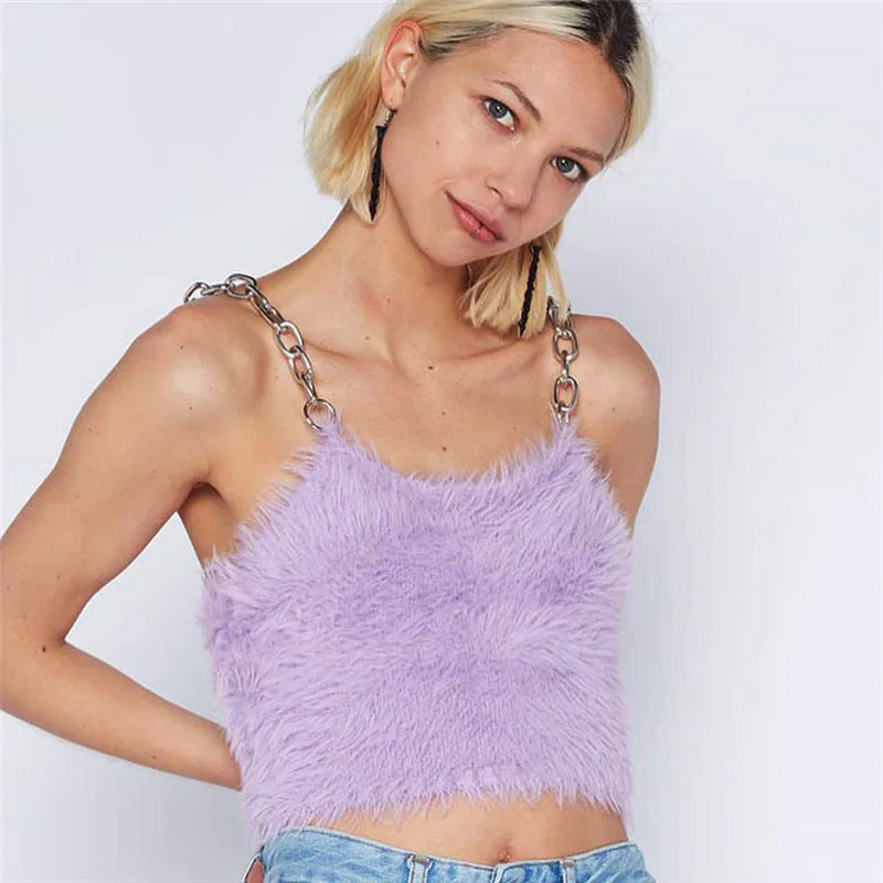 Cute Purple Fluffy Tank Top Girl Sexy Crop Top With Metal Link Chain Straps 2019 Summer Top Fashion Streetwear For Young Lady
Cute Purple Fluffy Tank Top Girl Sexy Crop Top With Metal Link Chain Straps 2019 Summer Top Fashion Streetwear For Young Lady