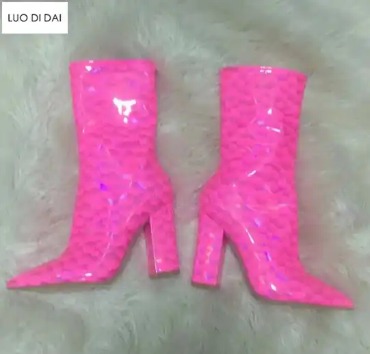 New women laser hot pink boots zip up 