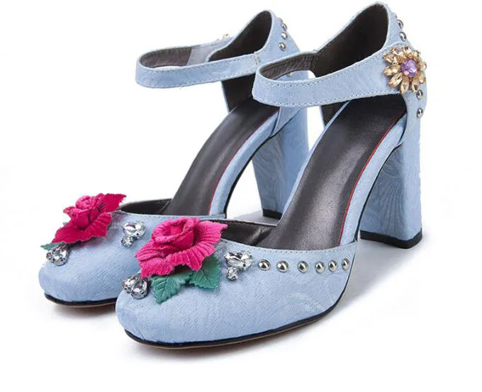 

Moraima Snc Fashion Flower Decorations Mary Janes Round Toe Thick heels Sandal for Woman Ankle Strap Rhinestones Wedding Heels