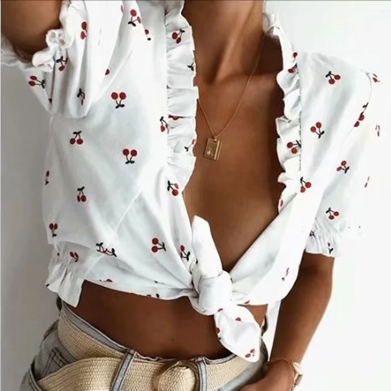 Deep Ruched V-neck Cherry Printed Short Sleeve Top T-shirt Front Bow Lace Up Short Sleeve Crop Summer Sweet Top T-shirt
Deep Ruched V-neck Cherry Printed Short Sleeve Top T-shirt Front Bow Lace Up Short Sleeve Crop Summer Sweet Top T-shirt