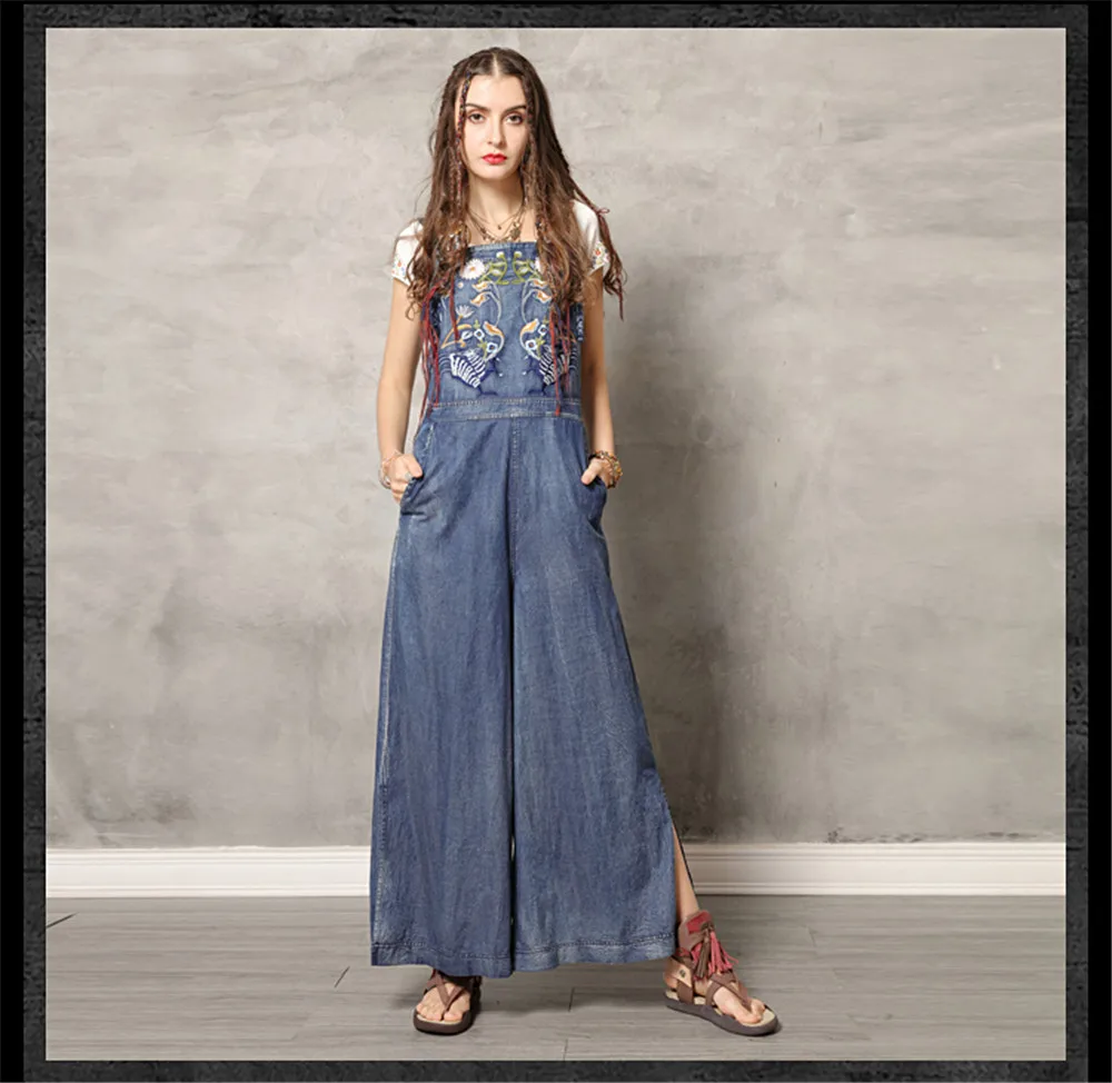 Vintage Jumpsuit Women 2019 Boho New Women Spaghetti Strap Bodysuit Denim Summer Embroidery Wide Leg Jumpsuits K306DZ Bodysuits (10)