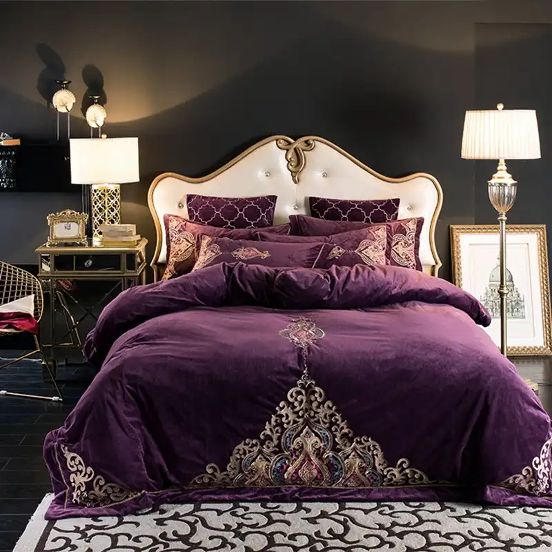 Purple Red Blue Luxury Royal Embroidery Winter Thick Flannel