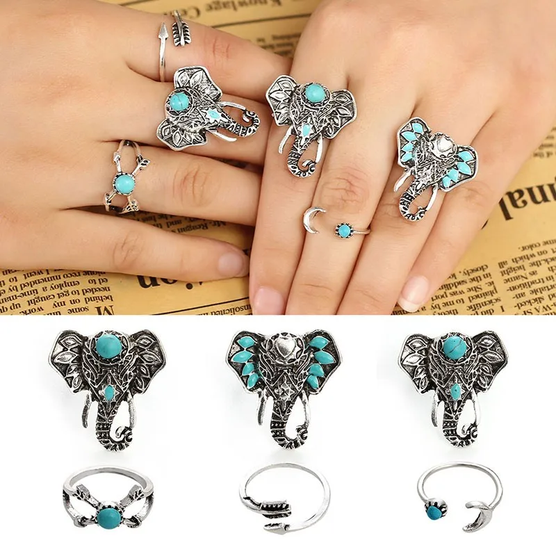 Fashion Elephant Anneau Set Femmes Vintage Boho Knuckles Bijoux tension Mount w