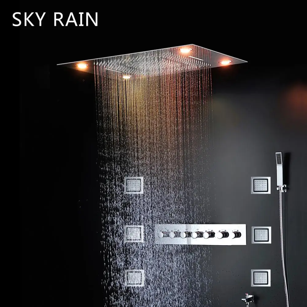 

2024 Bathroom Big RGB LED Spa Massage Shower Head Rainfall Waterfall Mist Lateral Jets Thermostatic Shower Mixer Diverter Set