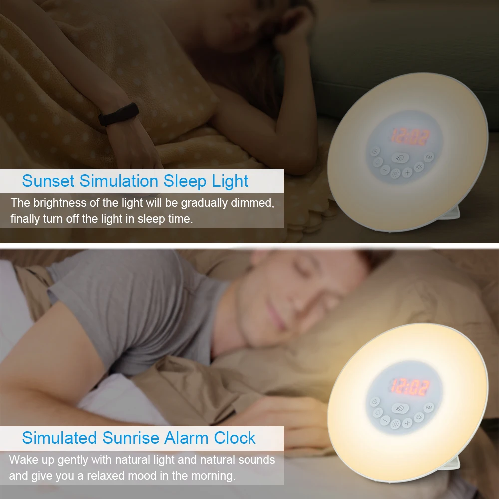 Wake Up Alarm Clock Sunrise/Sunset Simulation Digital Clock with FM Radio 7 Colors Sadoun.com