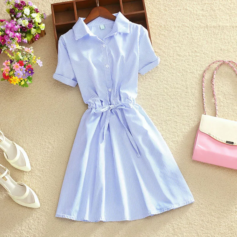 Elegant Office Ladies Dress Summer Dress Shirt Blue Stripped Belt Dress Turn V Collar Wear To Work Shirts Women Dresses
Elegant Office Ladies Dress Summer Dress Shirt Blue Stripped Belt Dress Turn V Collar Wear To Work Shirts Women Dresses