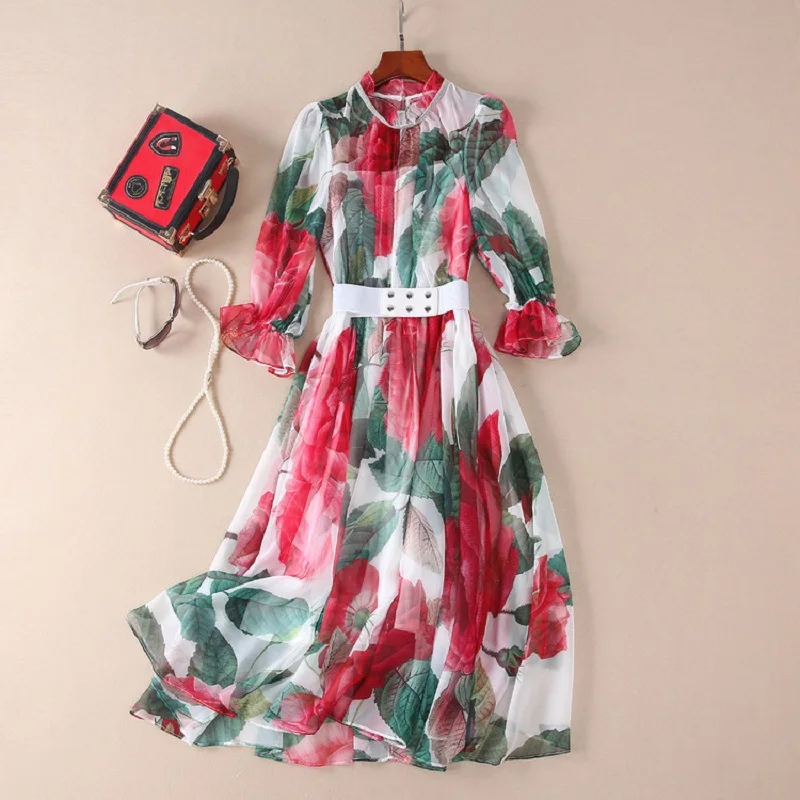 Novia Party 2019 Spring Summer Fashion Dresses Women Red Flower Green Leaves Print 3/4 Sleeve Large Swing Casual Work Dress Belt
Novia Party 2019 Spring Summer Fashion Dresses Women Red Flower Green Leaves Print 3/4 Sleeve Large Swing Casual Work Dress Belt