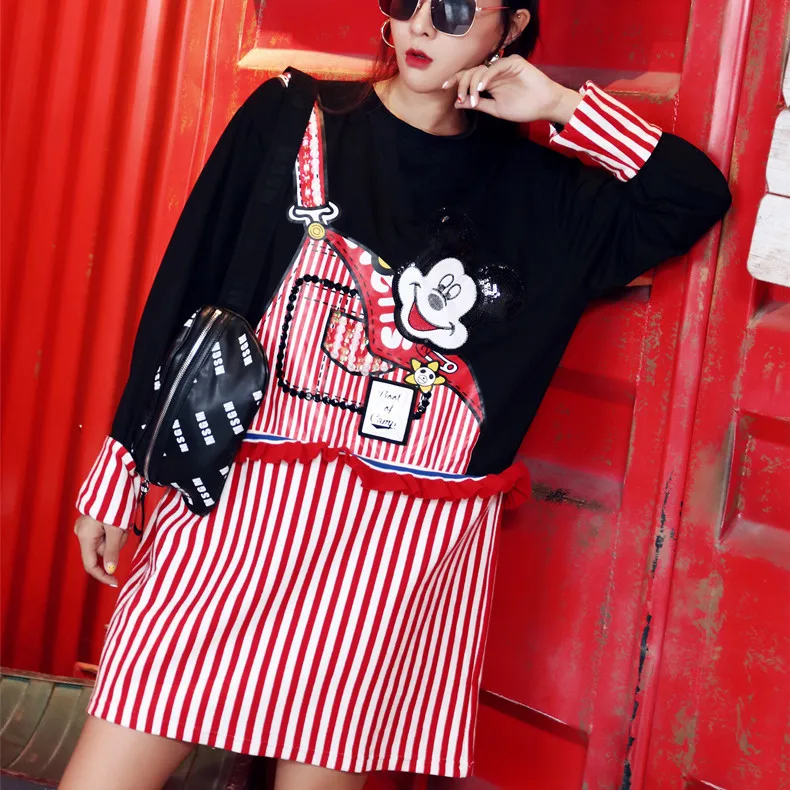 Autumn New Design Cartoon Sequins Long Sleeve Tees High Street Faux 2pcs Stripe Long Pullovers Big Size Casual Above Knee Dress
Autumn New Design Cartoon Sequins Long Sleeve Tees High Street Faux 2pcs Stripe Long Pullovers Big Size Casual Above Knee Dress