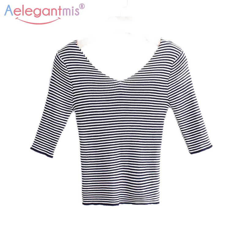 Aelegantmis Autumn New Fashion Sexy V Neck Elastic Knitted Women Tops Striped Half Sleeve Slim Top Tee Ladies Casual Tshirt Tops
Aelegantmis Autumn New Fashion Sexy V Neck Elastic Knitted Women Tops Striped Half Sleeve Slim Top Tee Ladies Casual Tshirt Tops