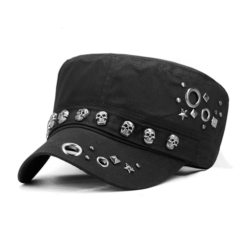 Cool Skull Rivets Punk Hip Hop Flat Top Military Cap Men Women SunShade Cotton Sports Sunscreen Baseball Cap Sun Hats P43
Cool Skull Rivets Punk Hip Hop Flat Top Military Cap Men Women SunShade Cotton Sports Sunscreen Baseball Cap Sun Hats P43