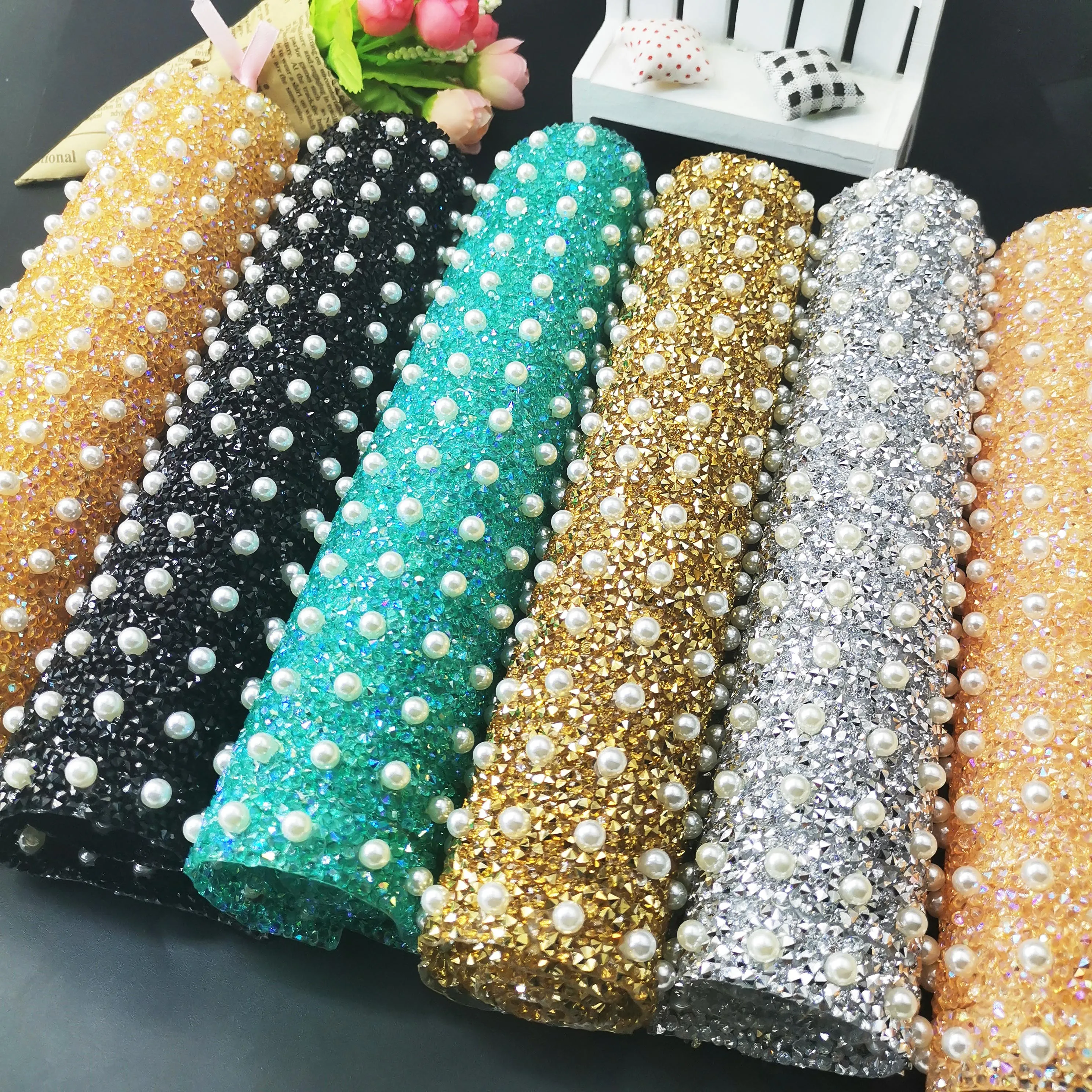 24*40cm Pearl Glitter Multicolor Rhinestone Mesh Trim Hotfix Crystal Fabric Sheet Strass Ribbon Applique For Dress Crafts
24*40cm Pearl Glitter Multicolor Rhinestone Mesh Trim Hotfix Crystal Fabric Sheet Strass Ribbon Applique For Dress Crafts