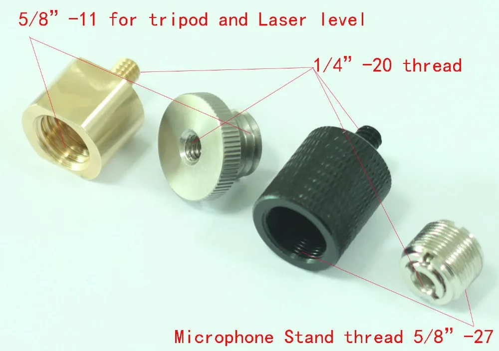 Четыре различных переходника 5/8 "до 1/4" для штатива лазерный уровень инструмент подставка для микрофона (упаковка из 4)
Четыре различных переходника 5/8 "до 1/4" для штатива лазерный уровень инструмент подставка для микрофона (упаковка из 4)