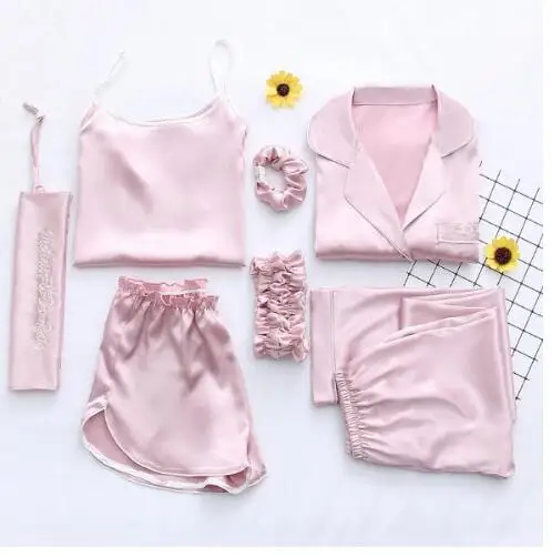 Spring Summer 7 Pcs Set Silk Elegant 2019 Women Pajamas Print Shorts Long Sleeve Top Elastic Waist Pants Full Lounge Sleepwear
Spring Summer 7 Pcs Set Silk Elegant 2019 Women Pajamas Print Shorts Long Sleeve Top Elastic Waist Pants Full Lounge Sleepwear