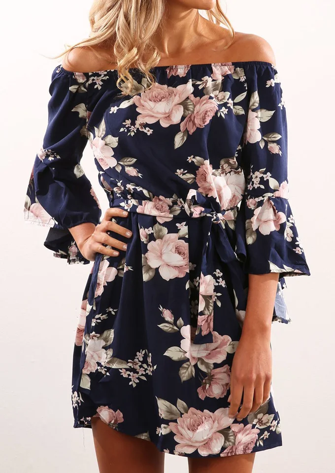 Dress Women Printed Fashion Floral Off Shoulder Flare Sleeve Mini Dress with Belt Party Femme dress elegant evenning vestidos
Dress Women Printed Fashion Floral Off Shoulder Flare Sleeve Mini Dress with Belt Party Femme dress elegant evenning vestidos