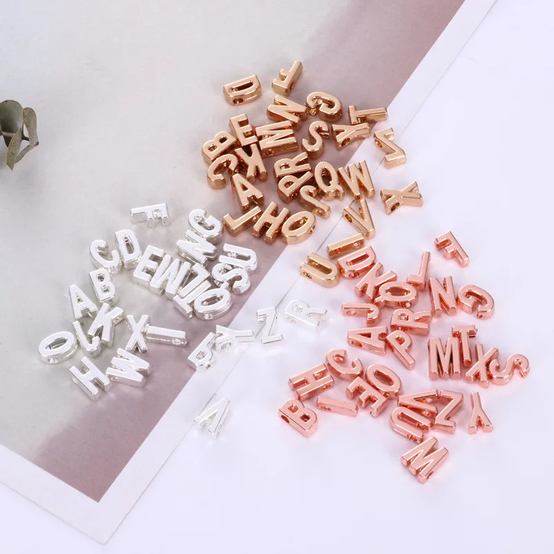 

26pcs 10mm Rose gold silver color initial capital letter slide beads alphabet charms metal pendants diy name tag jewelry making